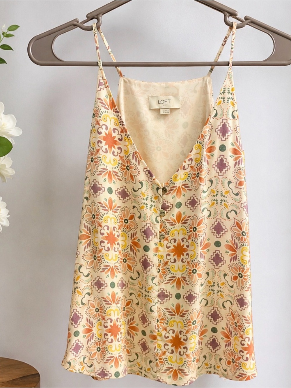 LOFT Cream Floral-Print Spaghetti-Strap Cami with Orange & Green Accents